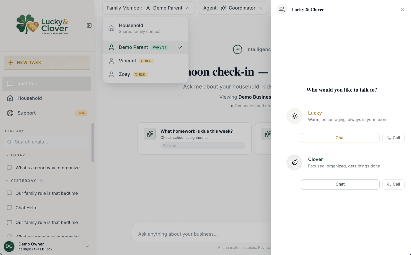 Lucky and Clover interface showing family member context and a choice between Lucky and Clover agents by chat or call