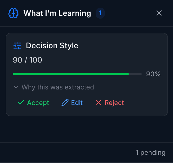 Memory Graph recalibration card showing a decision style preference with accept, edit, and reject controls