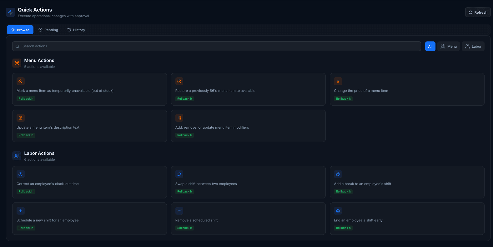 SkyTab Intelligence quick actions screen with approved menu and labor operational changes such as out-of-stock items, price changes, shift swaps, and break adjustments